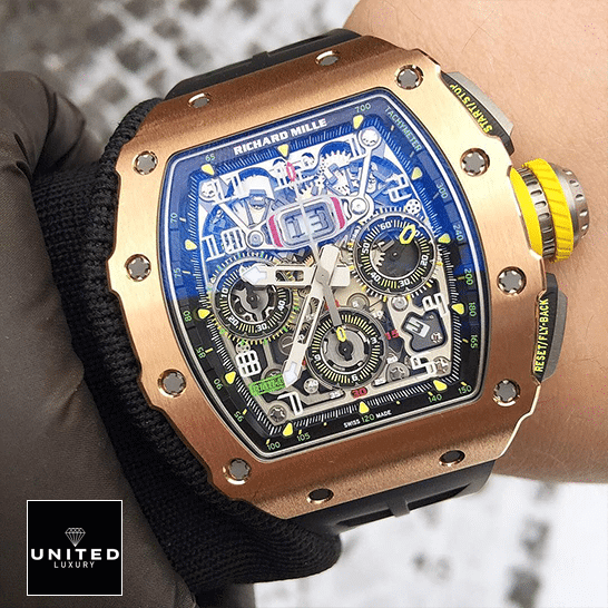 RM Rose Gold Flyback Replica 2 Richard Mille RM01103 Rose Gold Bezel Replica on the man wrist