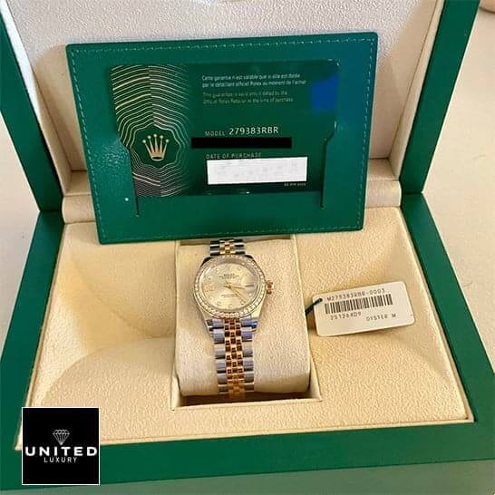 Rolex Datejust 279383RBR-0003 Champagne & Diamond Dial Replica 3 Rolex Datejust 279383RBR-0003 Replica & Guarantee Card in Green Rolex Box
