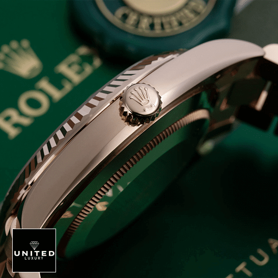 Rolex Day-Date 228235 KW Rose Gold White Dial Replica 2 Rolex Day-Date 228235 Rose Gold Crown Pusher Replica Right Side