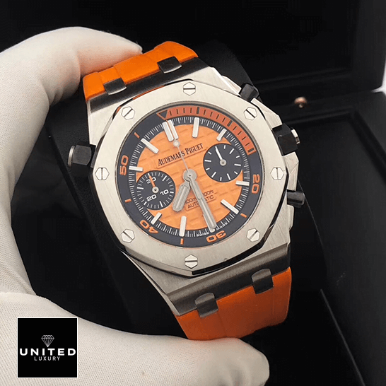 Audemars Piguet Royal Oak Orange 26703ST.OO.A070CA.01 Replica 1 Audemars Piguet Orange Rubber Bracelet Replica in the black box