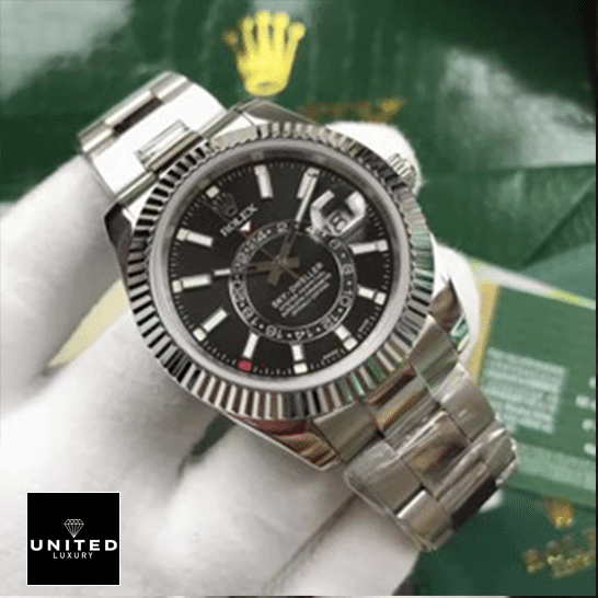 Rolex Sky-Dweller 326934 Black Dial Oyster Replica 4 Rolex Sky-Dweller Black Dial 326934 Oyster Replica on his hands