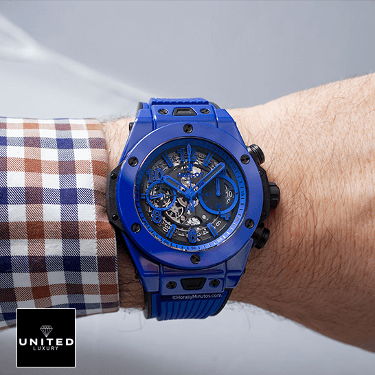 Hublot Blue Watch Replica 1 Hublot Big Bang Ujnico Blue Magic 411.ES_.5119 Replica on the man wrist