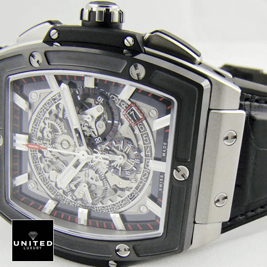 Hublot Spirit Of BigBang Replica 3 Hublot Big Bang 45 Titanium Black Leather Bracelet Replica white background