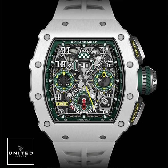 Richard Mille Le Mans Replica 4 Richard Mille RM1103 Green Dial White Bezel Replica front view black background