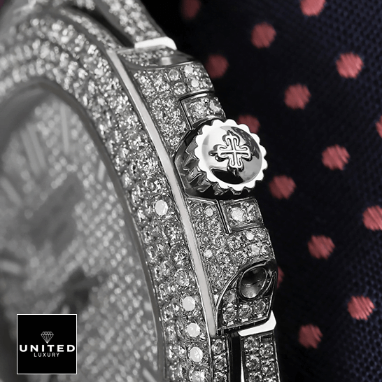 Patek Iced Out 5719/10G-010 Replica 6 patek_philippe_nautilus_jumbo_white_dial_5719_10G_010_iced_out_replica_right