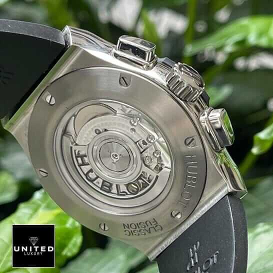 Hublot Leather Strap Replica 3 Hublot Class?c Fus?on Stainless Steel Case Replica upside view black rubber bracelet