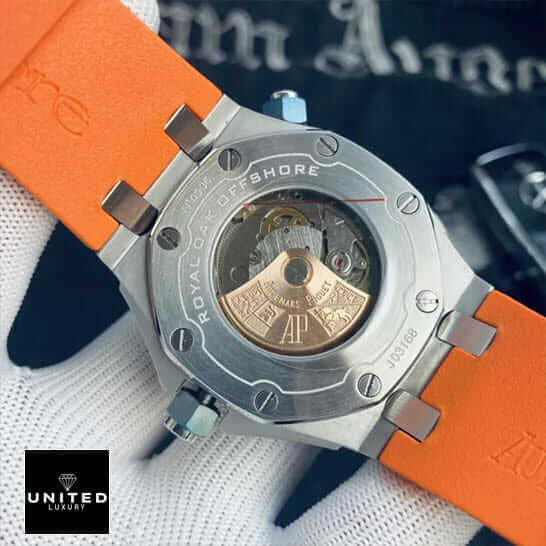 Orange Fake Audemars Piguet 1 Audemars Piguet Royal Oak Offshore Replica upside view on the hand