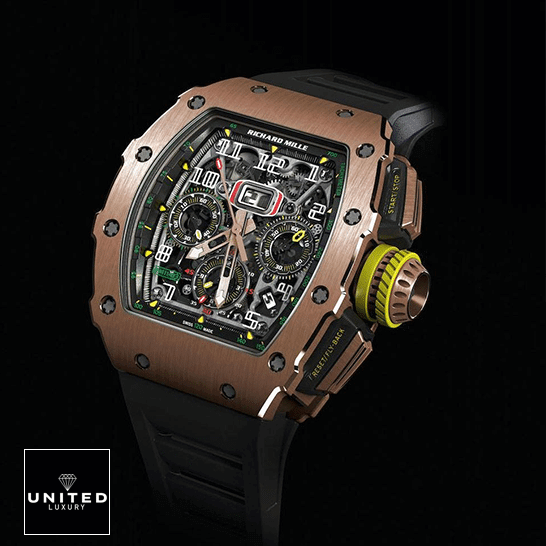 RM Rose Gold Flyback Replica 3 Richard Mille RM01103 Rose Gold Bezel Replica black background