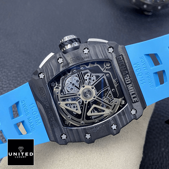 Richard Mille Flyback Chronograph RM011-03 Replica 5 Richard Mille RM01103 Carbon Case Blue Rubber Bracelet Replica upside view