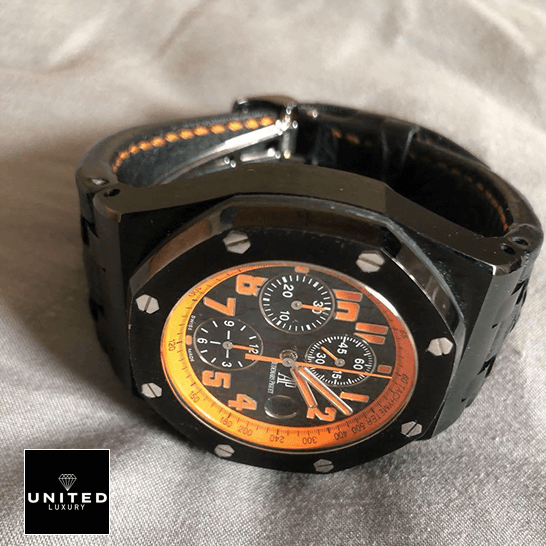 AP Volcano Replica 4 Audemars Piguet Royal Oak Orange Black Dial Replica on the white carpet