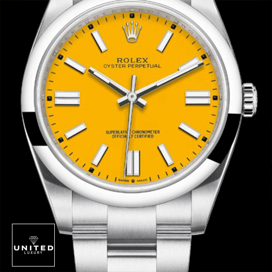 Rolex Oyster Perpetual Orange Dial 124300-0004 Replica 1 Rolex Perpetual 124300 Yellow Dial Stick indices Replica and Black Background