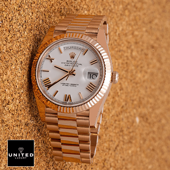 Rolex Day-Date 228235 KW Rose Gold White Dial Replica 1 Rolex Day-Date 228235 Roman White Dial Replica horizontal view