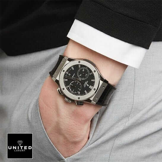 Hublot Leather Strap Replica 2 Hublot Classic Fusion Black Dial Leather Black Bracelet Replica on the man wrist