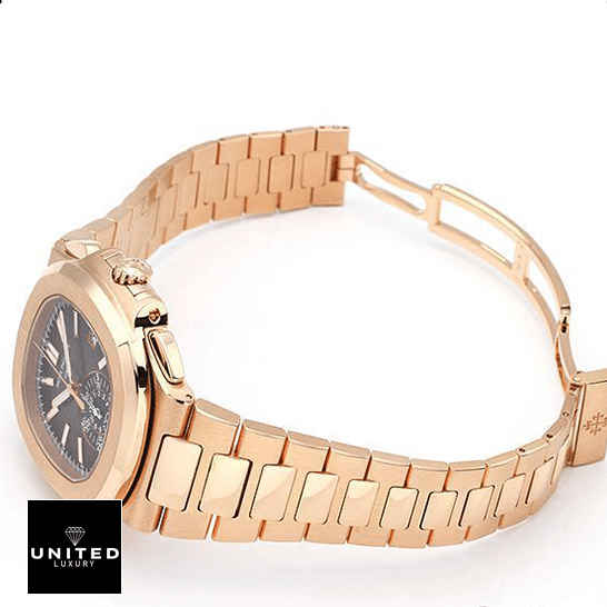 Patek Philippe Nautilus Brown Dial Replica 6 Patek Philippe Nautilus Rose Gold Bracelet Replica opened clasp white background