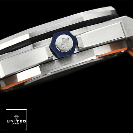 Orange Fake Audemars Piguet 4 Audemars Piguet Royal Oak 15710ST Replica Crown / push button black background