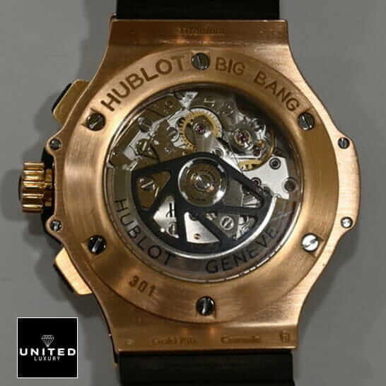 Hublot Big Bang Steel Rose 301.PB.131.RX Replica 4 Hublot Big Bang Gold Geneve Black Rubber Bracelet Replica upside view