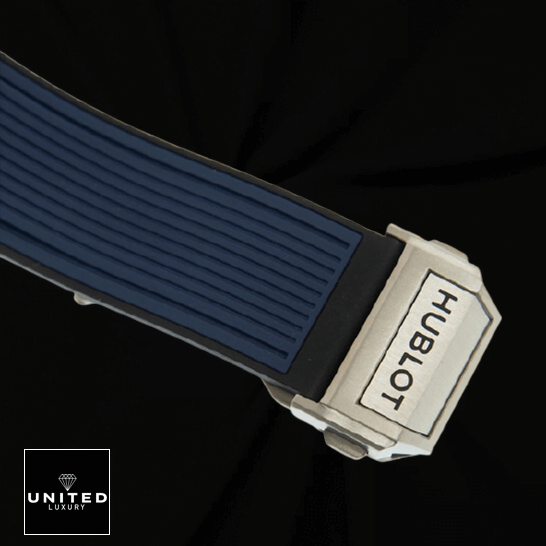 Hublot Transparent Blue Replica 5 Hublot Big Bang Blue Rubber Bracelet Steel Clasp Replica black background