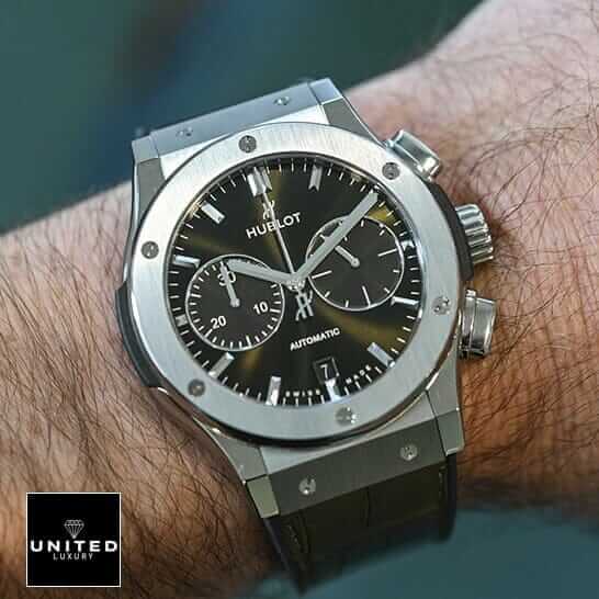 Hublot Leather Strap Replica 4 Hublot Classic Fusion Black Dial Steel Bezel Replica on the man wrist