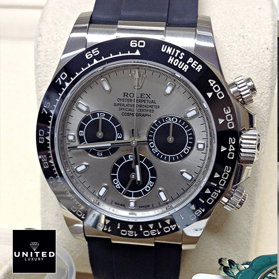 Rolex Daytona White Gold 116519LN Replica 4 Rolex Daytona 116519LN-0024 Silver Dial Replica On The Stand