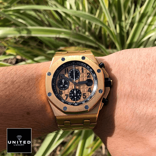 AP Rose Gold Replica 2 Audemars Piguet Royal Oak Rose Gold Dial Replica grass background
