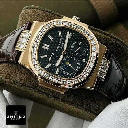 Patek Philippe Baguette Replica 1 Patek Philippe Diamond Bezel Black Dial Replica on the stand
