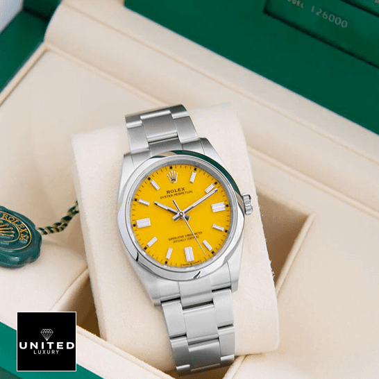 Rolex Oyster Perpetual Orange Dial 124300-0004 Replica 5 Rolex Perpetual 124300 Oyster Yellow Dial Replica in the Green Box