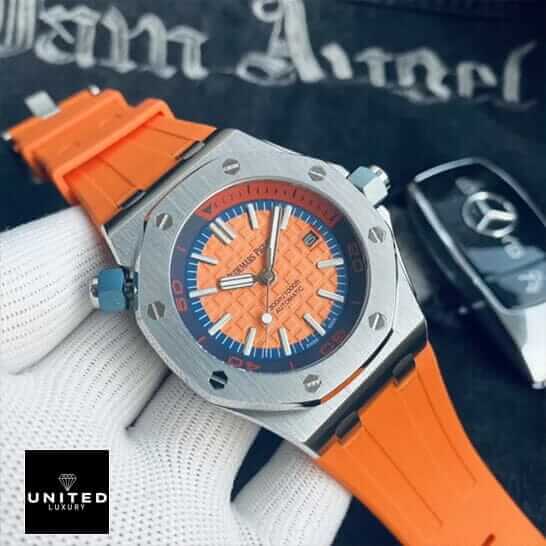 Orange Fake Audemars Piguet 6 AP Royal Oak 15710ST Orange Rubber Bracelet Replica fornt view