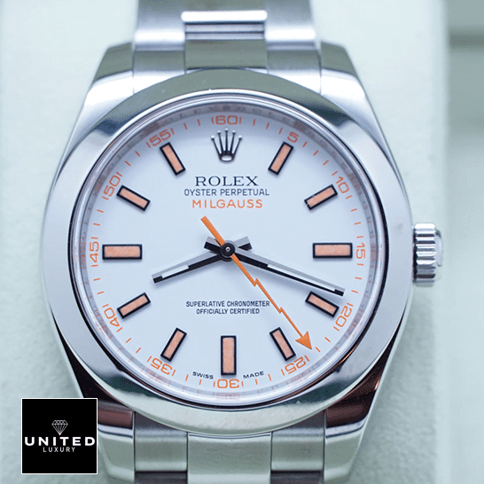 Rolex Milgauss 116400-0002 Oyster Replica 4 Rolex Milgauss 116400 Stainless Steel Case White Dial Orange Stick Replica