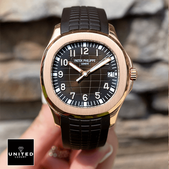 Patek Philippe Gold Brown Strap Replica 1 Patek Philippe Aquanaut Rose Gold Brown Dial Gold Case Replica on the hand