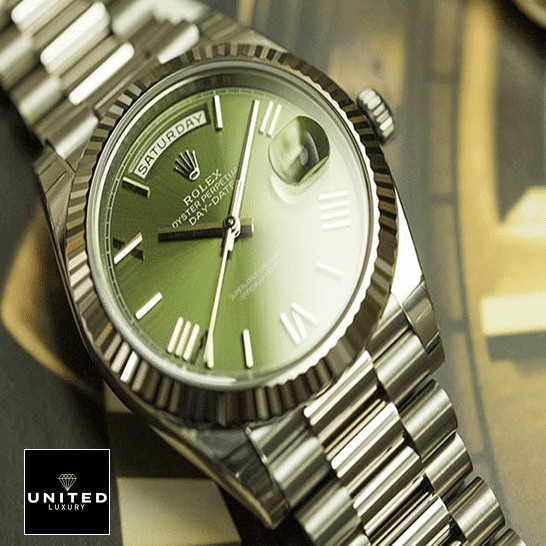 Rolex Olive Green Replica 3 Rolex Day-Date 228239-0033 Romen Numerial Olive Green Dial Oyster Replica