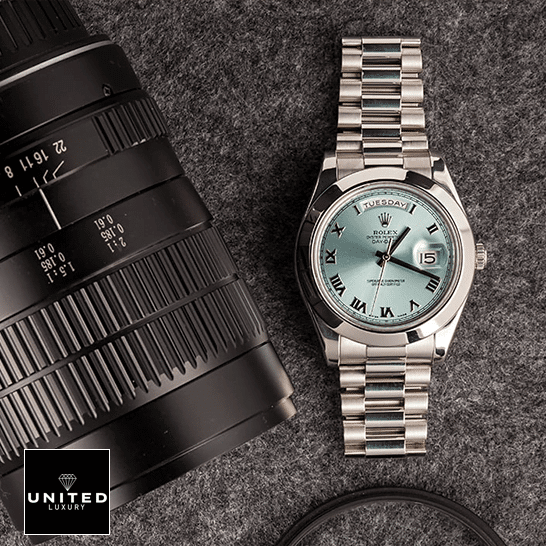Rolex Roman Numerals Replica 5 Rolex Day-Date II Stainless Steel Ice Blue Roman Dial 218206 Replica photo shoot